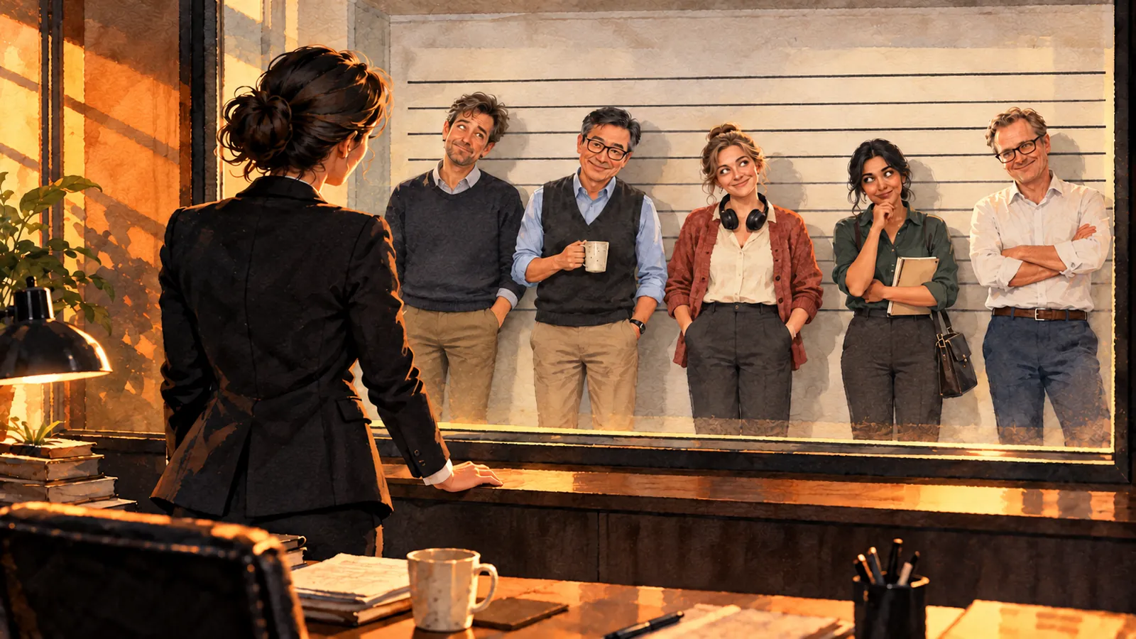 A woman seen from behind watches a line-up of five office workers through an interview-room window, each standing against a wall of height lines and looking faintly guilty, in late golden light.