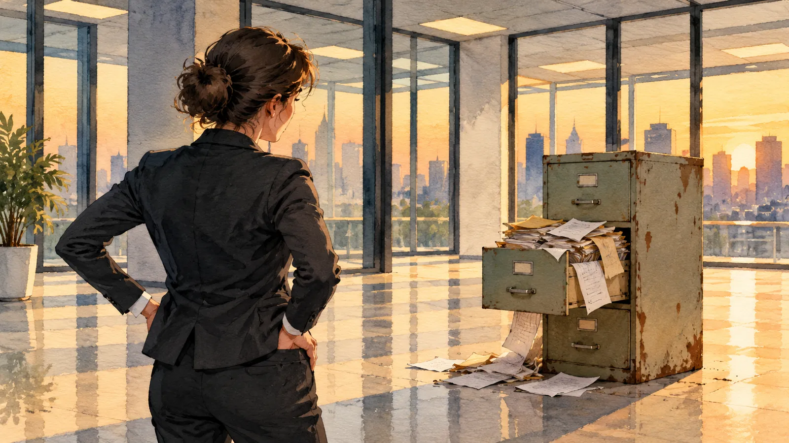 In an emptied, freshly cleaned office, a woman stands with her hands on her hips before the one old filing cabinet left behind, its drawer still full.