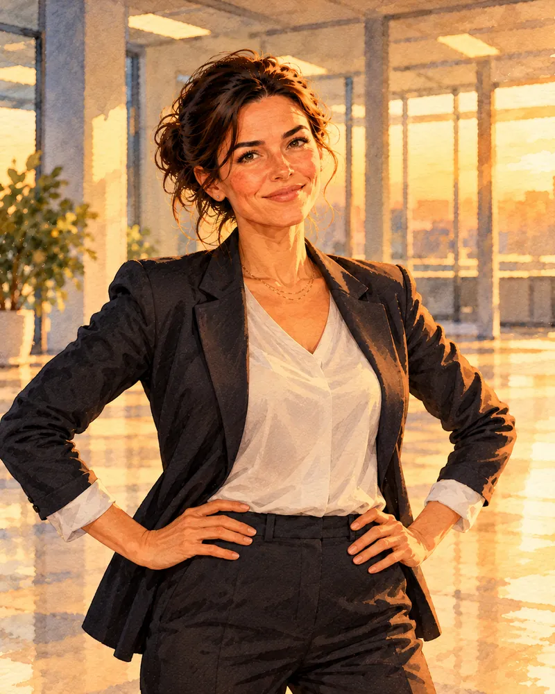 A woman in a dark suit jacket stands facing the viewer, hands on hips, with a proud smile, in a cleared office in golden light.