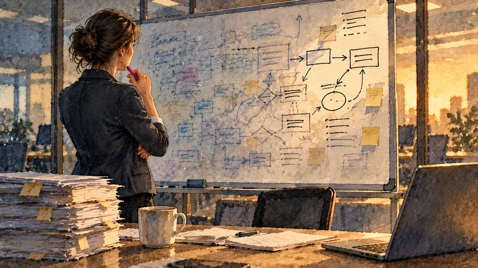 A woman stands before a whiteboard rewritten so often that earlier versions of the process still show through the latest one.