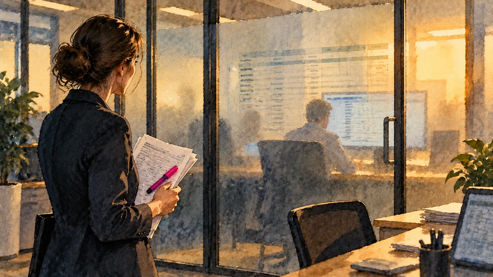 A woman holding papers and a pink highlighter looks through frosted glass at a colleague working on a table of rules she cannot read.