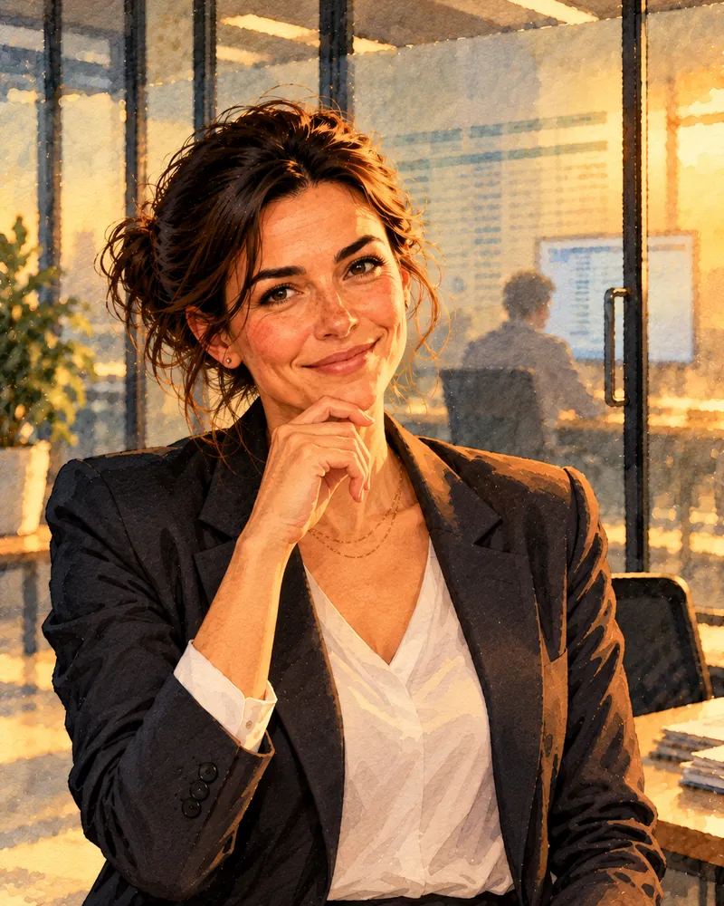 A woman in a dark suit jacket faces the viewer, her hand under her chin and a knowing smile, a colleague at his screen behind the frosted glass.