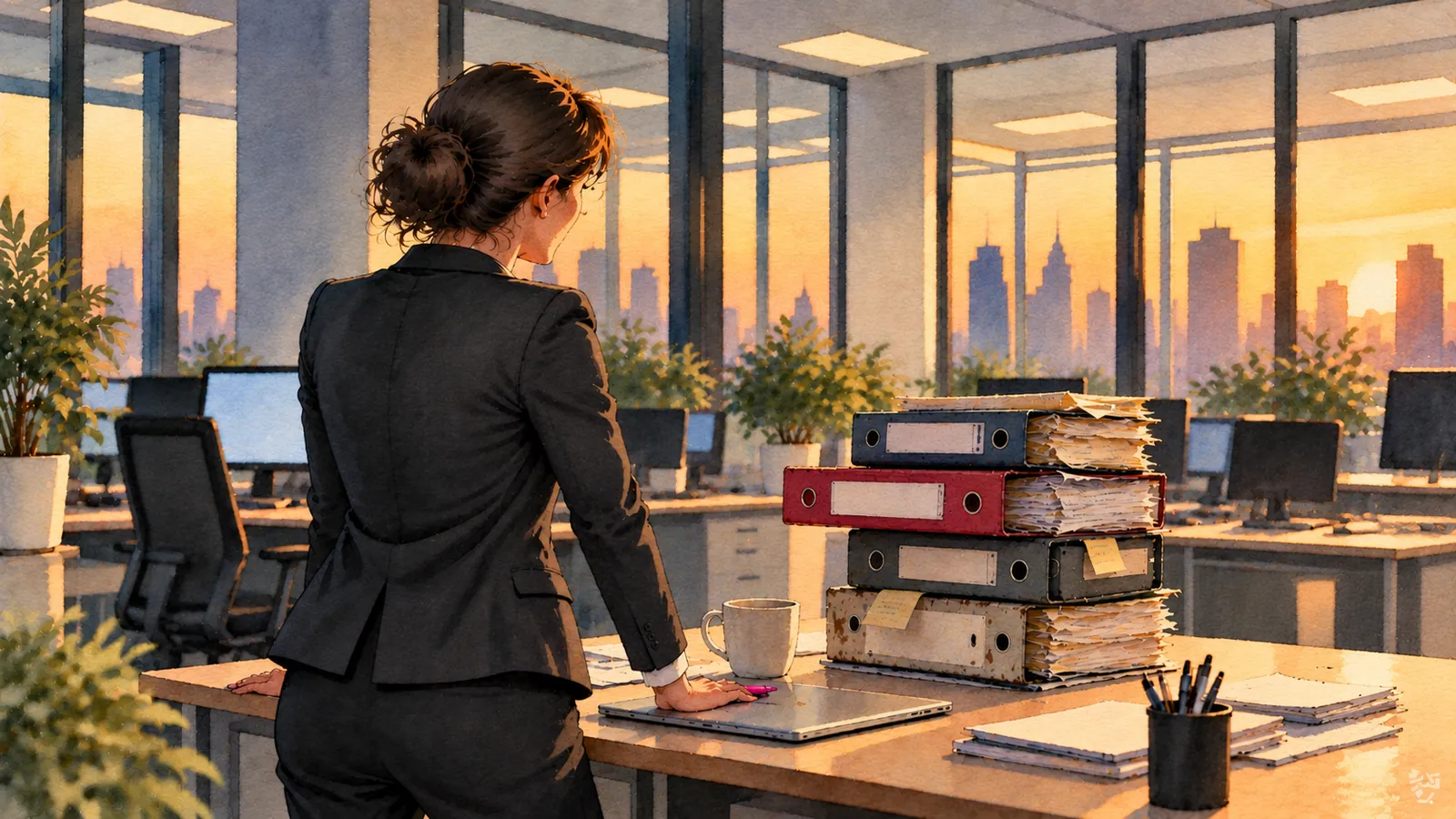 An office at dusk. A woman seen from behind leans on her desk, eyeing a tall stack of overstuffed ring binders that nobody wants to touch.