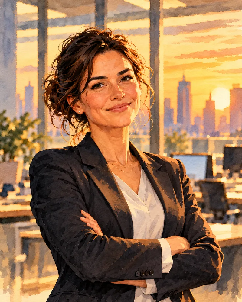 A woman in a dark suit jacket faces the viewer, arms folded, with a confident half-smile, a city skyline at sunset behind her.