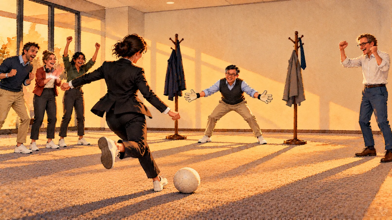 A woman seen from behind swings her leg back to take a penalty on the carpet of an empty office room. A colleague in goalkeeper gloves waits between two coat stands, a necktie hanging from one, while colleagues cheer on the left and Isard Haasakker cheers on the right, in late golden light.