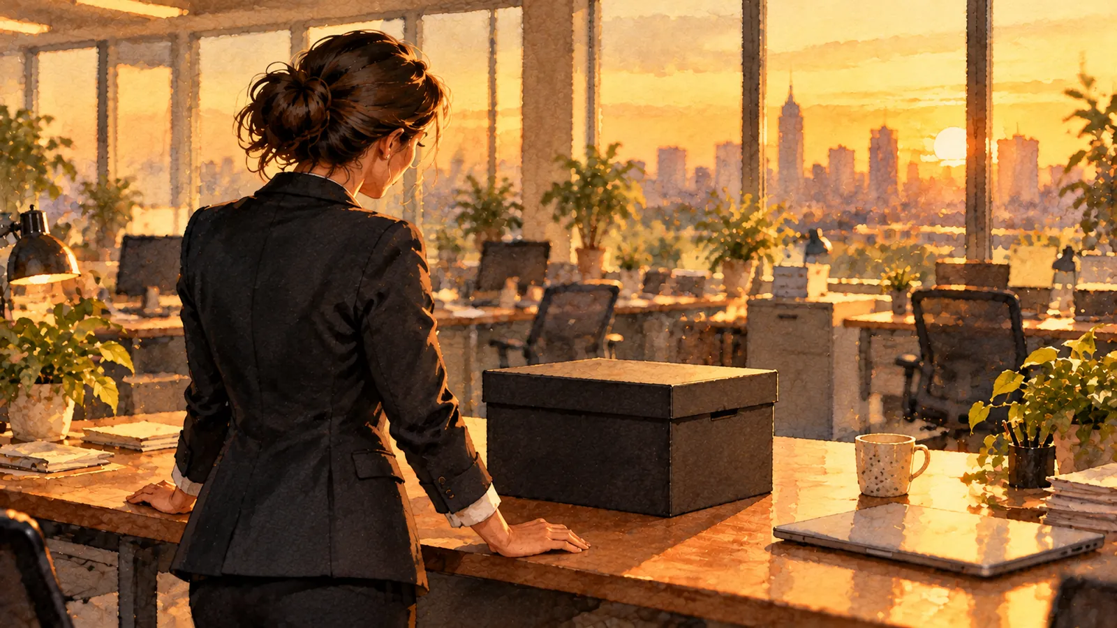 A woman seen from behind stands at her desk in late golden light, looking down at a plain, closed black box, the city skyline beyond the office windows.