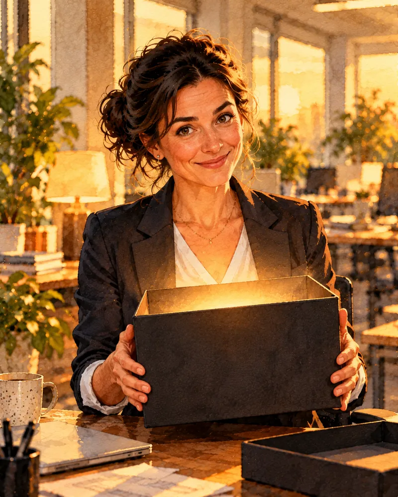 A woman in a dark suit jacket faces the viewer, holding an open black box at chest height, a warm glow from inside lighting her pleasantly surprised smile.